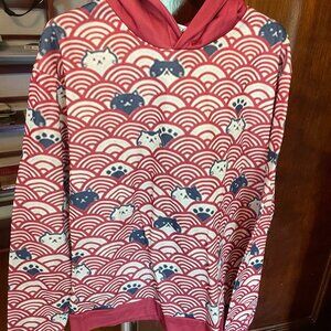 Women's red and white Cat Faces and Waves Japanese Print hoodie, size XL